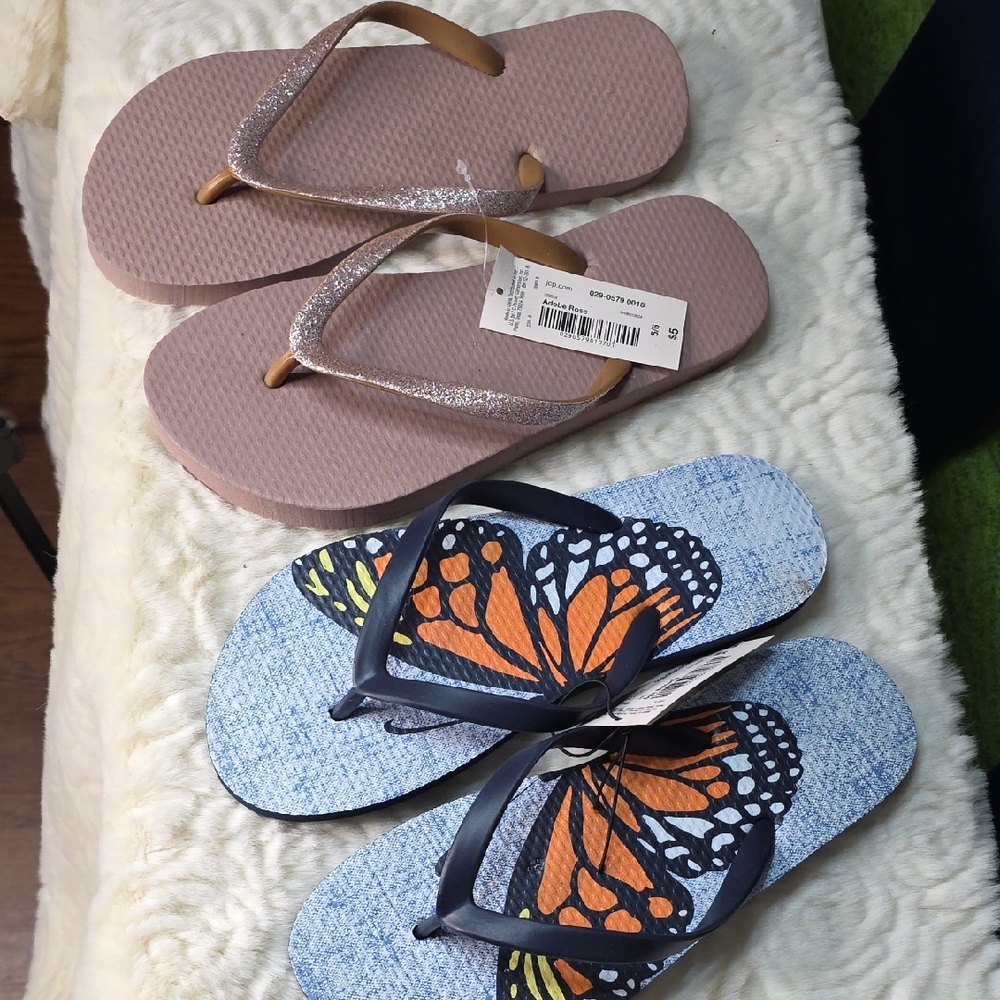 Mixit Butterfly and Glitter Flip Flops Set 2 Pairs Size 5/6